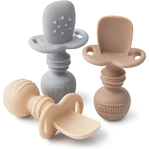 SAMiGO Silicone Baby Spoons Self Feeding 6+ Months - Infant Toddler Utensils - First Stage Baby Led Weaning Feeding Supplies - Set of 3 Pack