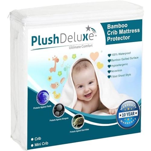 PlushDeluxe Crib Mattress Protector, 28”x49”, 100% Waterproof, Noiseless, Ultra Soft Viscose Made from Bamboo with Quilted Terry Cotton Top, White Fitted Sheet Style Toddler Crib Cover