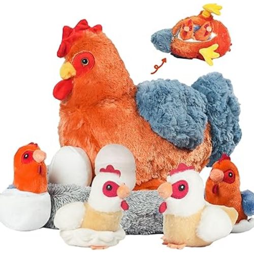9 in 1 Chicken Stuffed Animal Set, Stuffed Chicken Plush Toy with Zippered Belly, Egg Laying Hen with Chicks and Eggs in Coop, Chickens Toys for Kids Christmas Birthday Easter Gift Farm Party