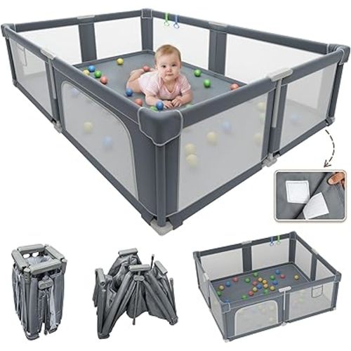 Baby Playpen with Mat for Babies and Toddlers, 73" x 61" Large Baby Play Pen Playard for Indoor & Outdoor with Soft Breathable Mesh, Ocean Balls and Pull Links, Dark Grey