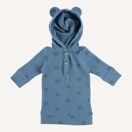 long sleeve henley bear hoodie dress | blue night tiny suns | organic cotton thermal