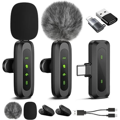 Wireless Lavalier Microphone for iPhone, iPad & Android, 2-Pack Mini Mics with LED Display, Noise Reduction, Plug-and-Play Clip-On Microphone for Video Recording, TikTok, YouTube & Podcasts