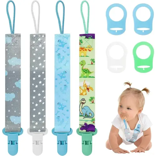4 Pcs Baby Dummy Strap Clip, Pacifier Clip Dummy Holder Straps with 4 Silicone Adapter, Soother Chains Clips Fit All, Soothers, Teething Toys, Baby Essentials