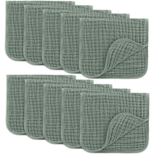 Comfy Cubs Muslin Burp Cloths - Large 100% Cotton Washcloths, 6 Layers (Fern, 10-Pack, 20"X10")