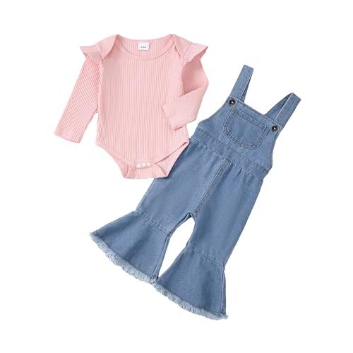 SUNNY PIGGY Baby Girl Newborn Clothes Infant Toddler Outfits Flare Jeans Overall Pant Set Fall Winter 0-4T