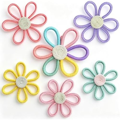 KUNHEHO Boho Daisy Wall Decor Set of 6, Handmade Flower Wall Hanging Decor, Pastel Woven Floral Wall Art for Nursery, Girls Bedroom, Playroom, Bohemian Home Decoration