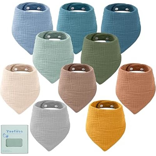 Yoofoss Muslin Baby Bibs 10 Pack Bandana Bibs 100% Cotton 6-Layer Soft Absorbent Drool Bibs for Boys and Girls, Beige & Blue
