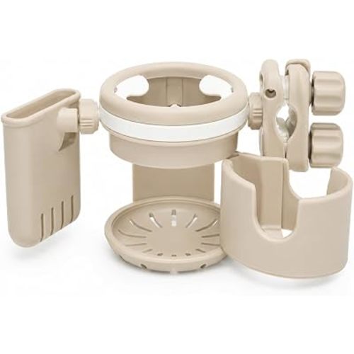 3-in-1 Stroller Cup Holder with Phone Holder, Dual Cup Holder with Upgraded Double Clamp, Universal Cup Holder for Stroller, Walker, Wheelchair & Bike, Anti-Spill Stable Drink Organizer (Khaki)
