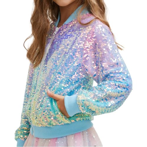 Girls Sequin Bomber Jacket Sparkly Outfit Long Sleeve Zipper Bright Colors with Pocket 5-12T
