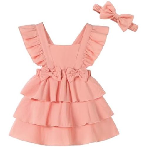 Newborn Baby Girl Summer Sundress Toddler Girls Ruffled Sleeves Dress Cotton Linen Dress with Headband for Little Kid