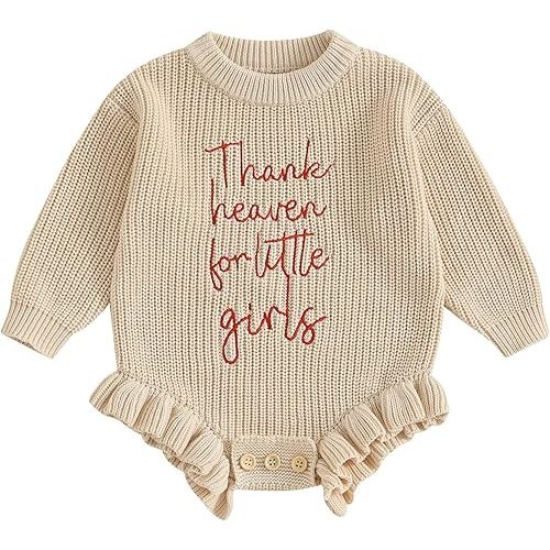 Infant Baby Girl Sweater Romper Embroidery Long Sleeve Ruffle Chunky Knit Sweatshirt Rompers Fall Winter Clothes