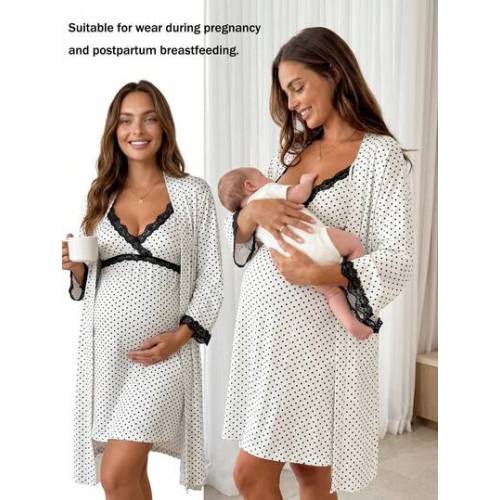 Slowluna Maternity Polka Dot Print Contrast Lace Robe And Camisole Dress Nursing 2 Pieces Set Fall | SHEIN USA