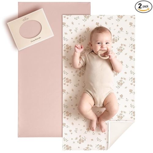 Konssy Faux Leather Baby Changing Mat, Waterproof Diaper Changing Pad | Wipeable & Portable Diaper Changing Pad for Travel or Home. Fits Diaper Bags, 30 x 17 in, Blossom and Pink