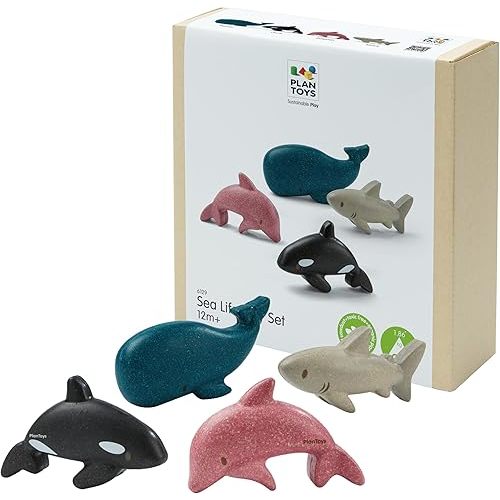 PlanToys® Wooden Sea Life 4-Piece Set Dolphin, Orca, Whale and Shark Figurines | Montessori Toy for Imaginative Play | Supports Language and Social Skills | Eco Friendly for Bath and Water Play