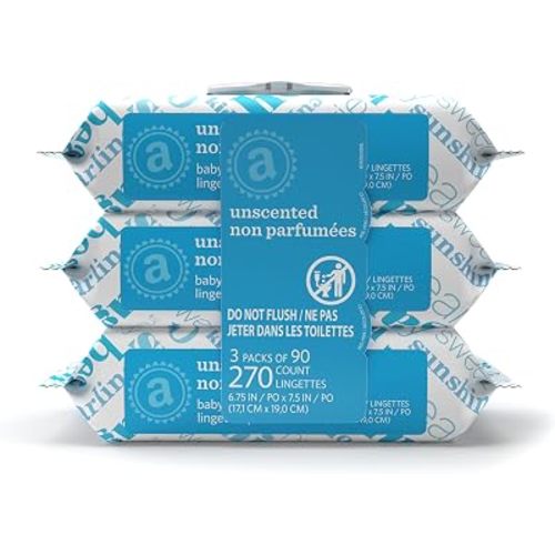 Amazon Elements Baby Wipes, Unscented, Hypoallergenic, Alcohol-Free, With Aloe and Vitamin E, 270 Count, Flip-Top Packs
