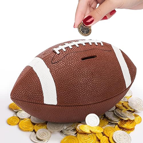 Tlence 11" Football Piggy Bank for Boys, Shatterproof Rugby Coin Bank, Decorative Sports Money Box, Football Shape Money Storage Container for Saving Money, Birthday Party Gift for Football Lover