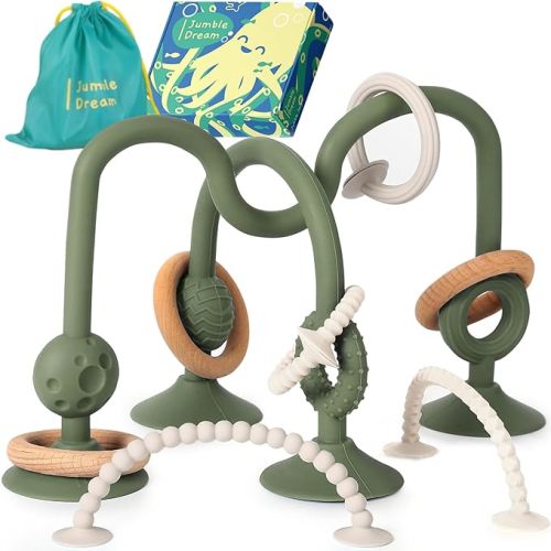 Jumble Jangle Baby Teething Toys – BPA-Free, Multi Purpose High Chair Toys & Sensory Toys for Kids with Autism: Suction Teething Relief with Sensory Toy Textures for Infants & Toddlers (Green)
