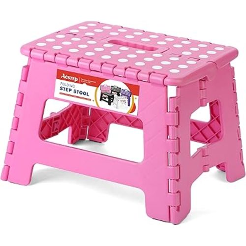 ACSTEP 9 Inch Folding Step Stool - The Lightweight Step Stool is Sturdy and Safe Enough. Opens Easy with One Flip. Great for Kitchen, Bathroom, Bedroom Pink