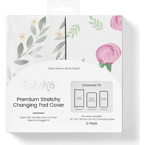 TotAha Premium Stretchy Changing Pad Covers (2-Pack)-Hypoallergenic, Silky Comfort, Buttery Soft, Calming Effect, All-Season Jersey-Knit 32'' X 16'' X 5'' Deep Pocket (Pink Buds & Green Leaves)