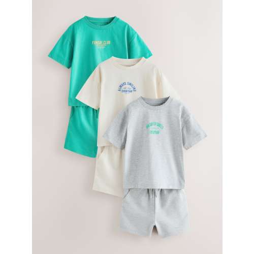 Green/Grey/Ecru Slogan Short Sleeve T-Shirt and Shorts Set 3 Pack (3mths-7yrs)