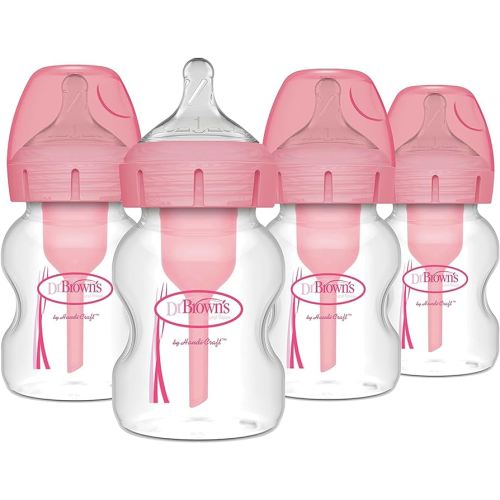 Dr. Brown's Natural Flow Anti-Colic Options+ Wide-Neck Baby Bottles 5 oz/150 mL,with Level 1 Slow Flow Nipple, Pink 4 Pack, 0m+
