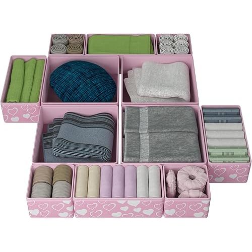12 Pack Foldable Pink Drawer Organizers – Fabric Baby Clothes Organizer for Nursery Dresser & Closet | Pink Storage Bins, Drawer Dividers for Baby Clothes, Diapers, Socks & Toys