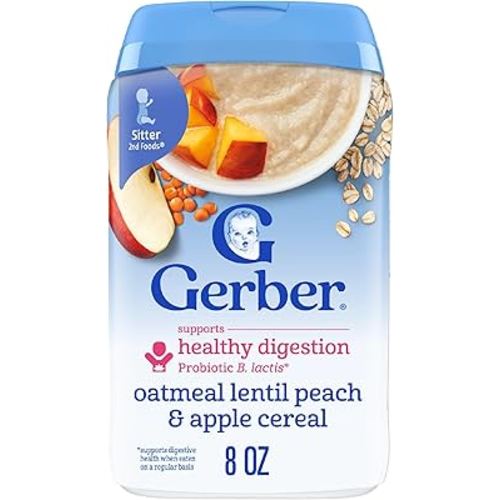 Gerber Stage 2 Baby Food, Oatmeal Lentil Peach & Apple Cereal, Baby Cereal, 6PK