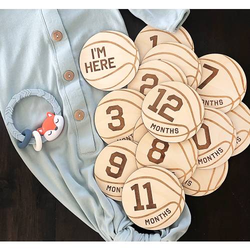 Baby Milestone Signs, Basketball theme, Wooden Monthly Markers, Baby Shower Gift, Baby Photo prop, Engraved Baby Discs, Set of 14 discs