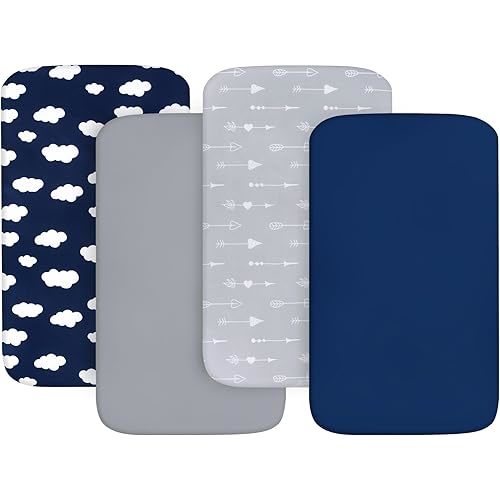4-Pack Fitted Pack and Play Sheets for Boys and Girls - Breathable, Soft Microfiber Baby Sheets in Grey and Navy