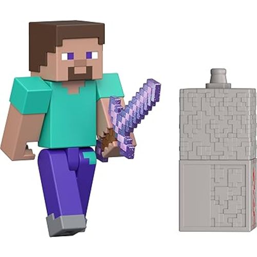 Mattel Minecraft Toys, Steve Action Figure with Accessory & Redstone Building Piece, 3.25-inch Scale Collectible Set Inspired by The Video Game