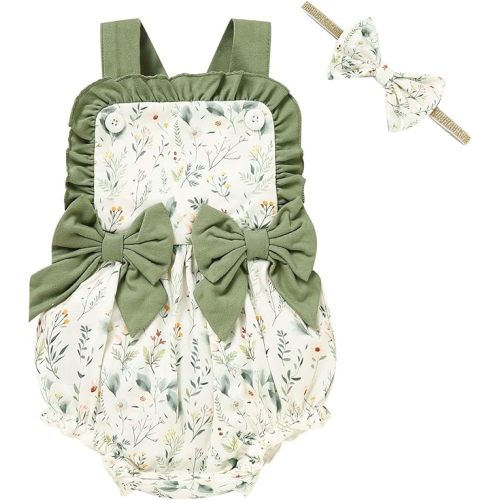 GRNSHTS Baby Girl Summer Romper Infant Floral Fruit Print Clothes Toddler Ruffles Bodysuit Sleeveless Strap One Piece Outfits