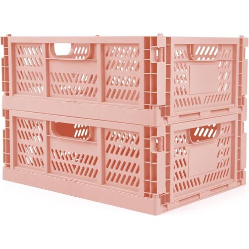 Domiella 2-Pack Crates for Storage, Storage Crates Plastic Stackable, Foldable Crate for Office Home Kitchen Bedroom Bathroom (Large, Pink)