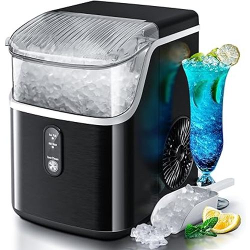 Nugget Countertop Ice Maker with Soft Chewable Pellet Ice, Pebble Portable Ice Machine, 36Lbs/24H, Self-Cleaning, Sonic Ice Maker, One Button Operation, for Kitchen,Office Stainless Steel Black