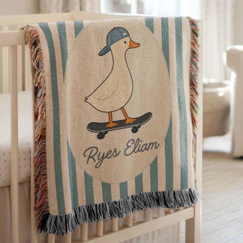 Personalized Goose Baby Name Blanket, Skater Goose Woven Blanket, Custom Baby Blanket, Neutral Nursery Decor, Unique Baby Gift