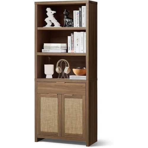 Hampstead Bookcase, Rattan Bookcase with Doors Cabinet and Drawer, 5-Tier Bookshelf, Large Wooden Book Case, Tall Bookshelves for Library Living Room (Special Walnut, 1 Piece)