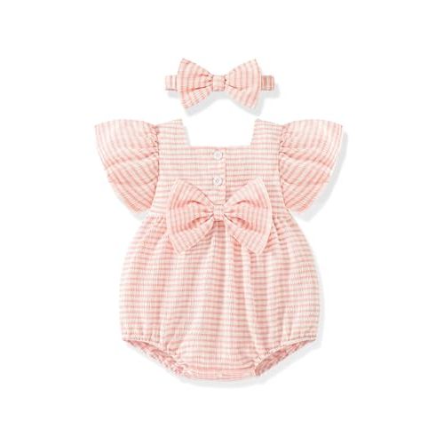 Vibebox Baby Girls Clothes Summer One-sies Romper Outfit Preemie-18 Months | Preemie Newborn Girl Clothes Bubble Romper, Coming Home Outfit for Infant Girl, Bows One-Piece Jumpsuits with Headband