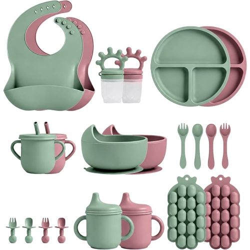 22 Pcs Silicone Baby Feeding Set with Suction Plate, Bowl, Bib, Sippy Cup, Fruit Feeder & Freezer Tray, Training cup with straw, Silicone Fork & Spoon, Baby Eating Utensils (Blue+Beige)