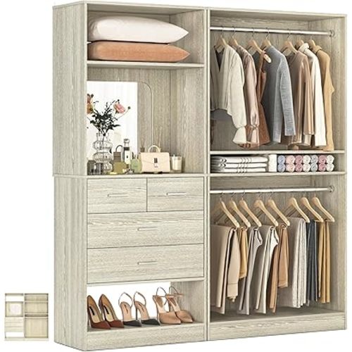 Unikito 61" Closet System, Heavy Duty Wood Closet Organizer with 4 Hanging Rods, Walk-in Wardrobe Garment Rack with Adjustable Shelves, Free-standing Clothing Rack, White Oak