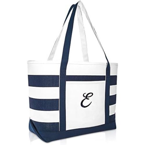 DALIX Premium Beach Bags Striped Navy Blue Zippered Tote Bag Monogrammed A - Z