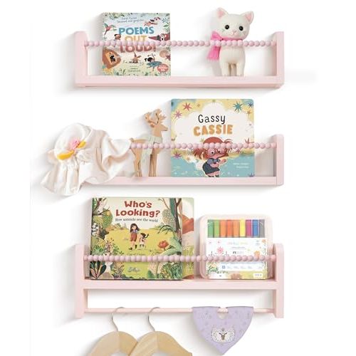 Mazjoaru Nursery Book Shelves for Wall Set of 3, Pink Natural Wood Bookshelf Wall Decor, Small Floating Shelf Organizer for Kids Room, Bedroom, Kitchen Spice Rack