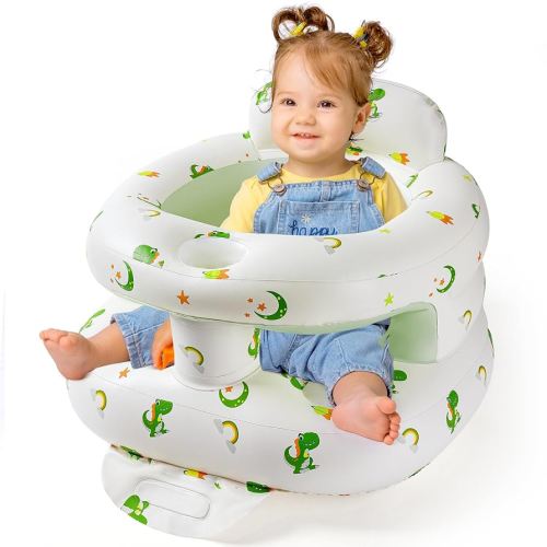 Inflatable Baby Seat with Full Enclosure, Comfortable Sit Me Up Baby Chair for Learning to Sit, Built in Air Pump Blow Up Infant Back Support Floor Seat for Babies 3 Months & Up (Dinosaur-Regular)