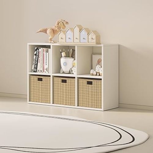 Wood Cube Storage Organizer Closet Cabinet for Living Room Bedroom Study Shelf Bookcase Wooden Floor Standing Open Bookshelf for Kids Home Office Display Storage Cabinet (White, 6-Cube, 11.81in)