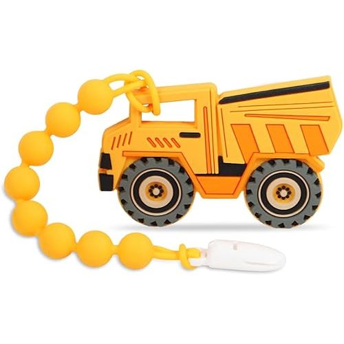 Baby Construction Vehicles Teething Toys,Food Grade Silicone Teether with One-Piece Pacifier Clip Holder,Shower Gift for 3 Months+ Boy and Girl,BPA Free,Freezer Safe. (Dump Truck)