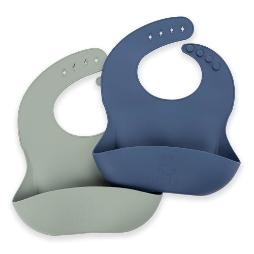 Silicone Bib 2-Pack: Safe, Non-Toxic, Food-Grade. Waterproof, Adjustable Neck Band, Easy-Clean Pouch Catcher.