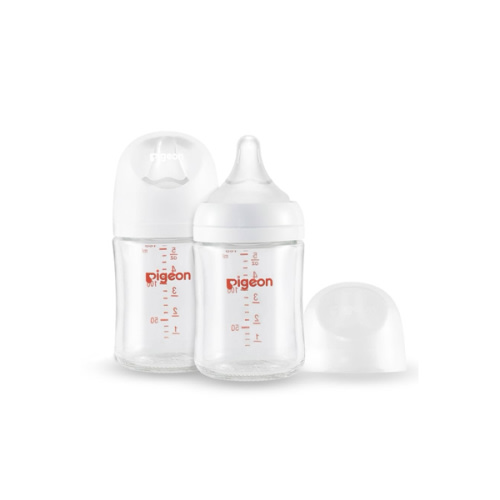 Pigeon Glass Nursing Bottle Wide Neck, Anti-Colic, Streamlined Body, Natural Feel, Easy to Clean, Heat-Resistant, 5.4 Oz(Pack of 2), Includes 2pcs SS Nipples (0m+)