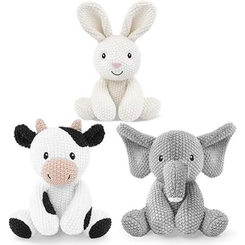 3Pcs Baby Stuffed Animals Toys for Kids 8 Inch Bunny Knit Animal Toy Cute Elephant Cuddly Cow Knitted Cotton Crochet Plush Toy Set Teddy Bear Gift for Girls Boys and Newborns, Christmas, Easter Party
