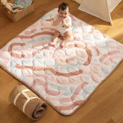 Momcozy Baby Play Mat for Floor, 50"x50" Thickened Playpen Mat | Playmate for Baby Tummy Time, Waterproof & Non-Slip, Foldable Outdoor Mat with Carrying Handle, Happy Doodles