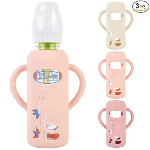 MINMUNJIU 3 Pack Silicone Sleeves for Dr. Brown's Glass Baby Bottles, Anti Breakage Baby Bottle Holder with Handles for Baby Girls, Compatible with Dr. Brown's Glass Baby Bottle, 8 oz/250 mL