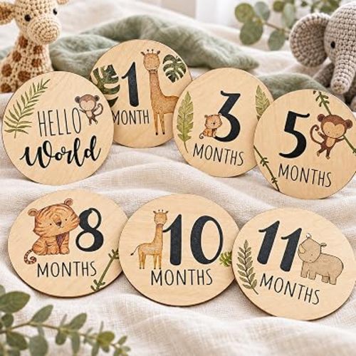 Baby Monthly Milestone Cards Sign - 7 Double Sided Animals Marker Wooden Circles Discs Newborn Photography Prop, Pregnancy Journey Birth Announcement Sign Baby Boy and Girl Gift Sets