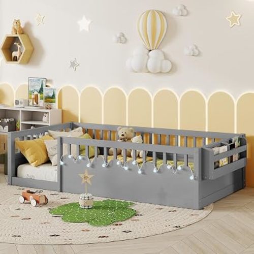 Twin Size Montesori Floor Bed for Kids, Floor Bed with High Fence Rails, Wood Playhouse Beds with No Slats for Baby Boys Girls Teens, Gray